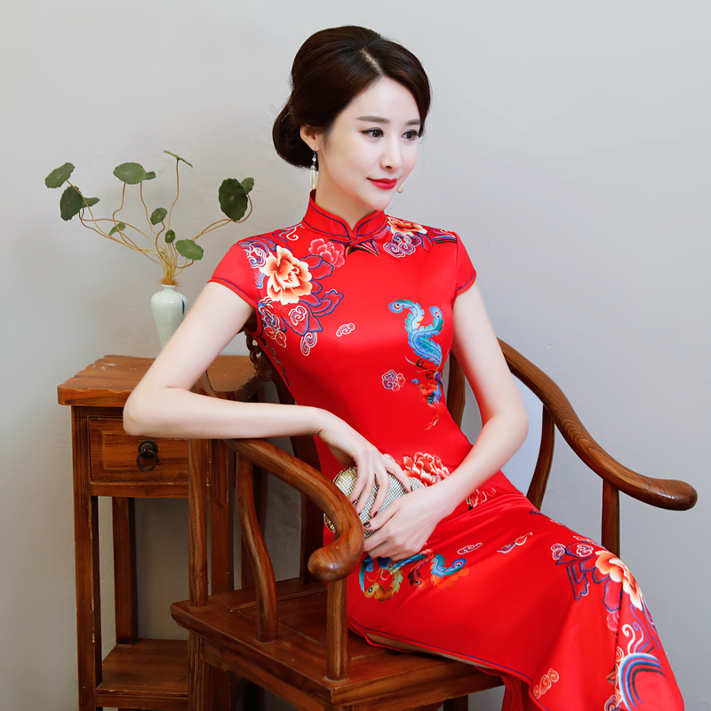 春装新款双层丝绸长款旗袍连衣裙婚礼宴会中式复古红色旗袍裙批发