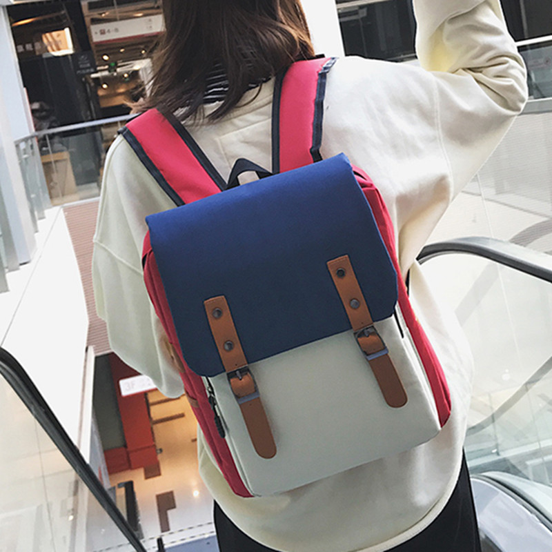 Schoolbag Women's Oxford Fabric Contrast Color College Style Medium and High College Students' Backpack Large Capacity Computer Bag Belt Buckle Backpack