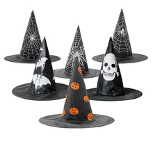 万圣节道具帽子派对用品成人儿童女巫婆南瓜蜘蛛网图案黑色巫师帽