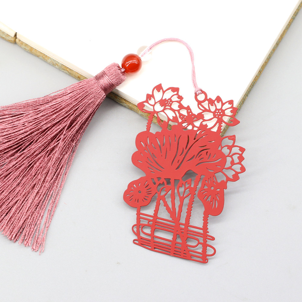 上尚出水芙蓉古典荷花中国风禅意艺术金属流苏书签 国学文化礼品