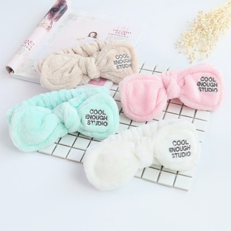 Japanese Cute Cartoon Girlish Letter Bow Hair Band Female Soft Girl Makeup Remover Face Washing Plush Hair Band Headband