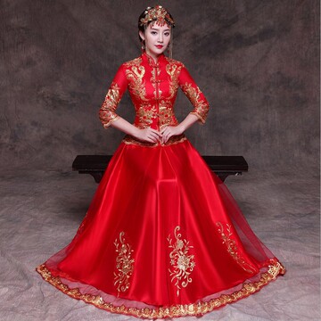 敬酒服秋冬新娘装结婚纱旗袍连衣裙红色婚礼改良棉长袖长款秀禾服