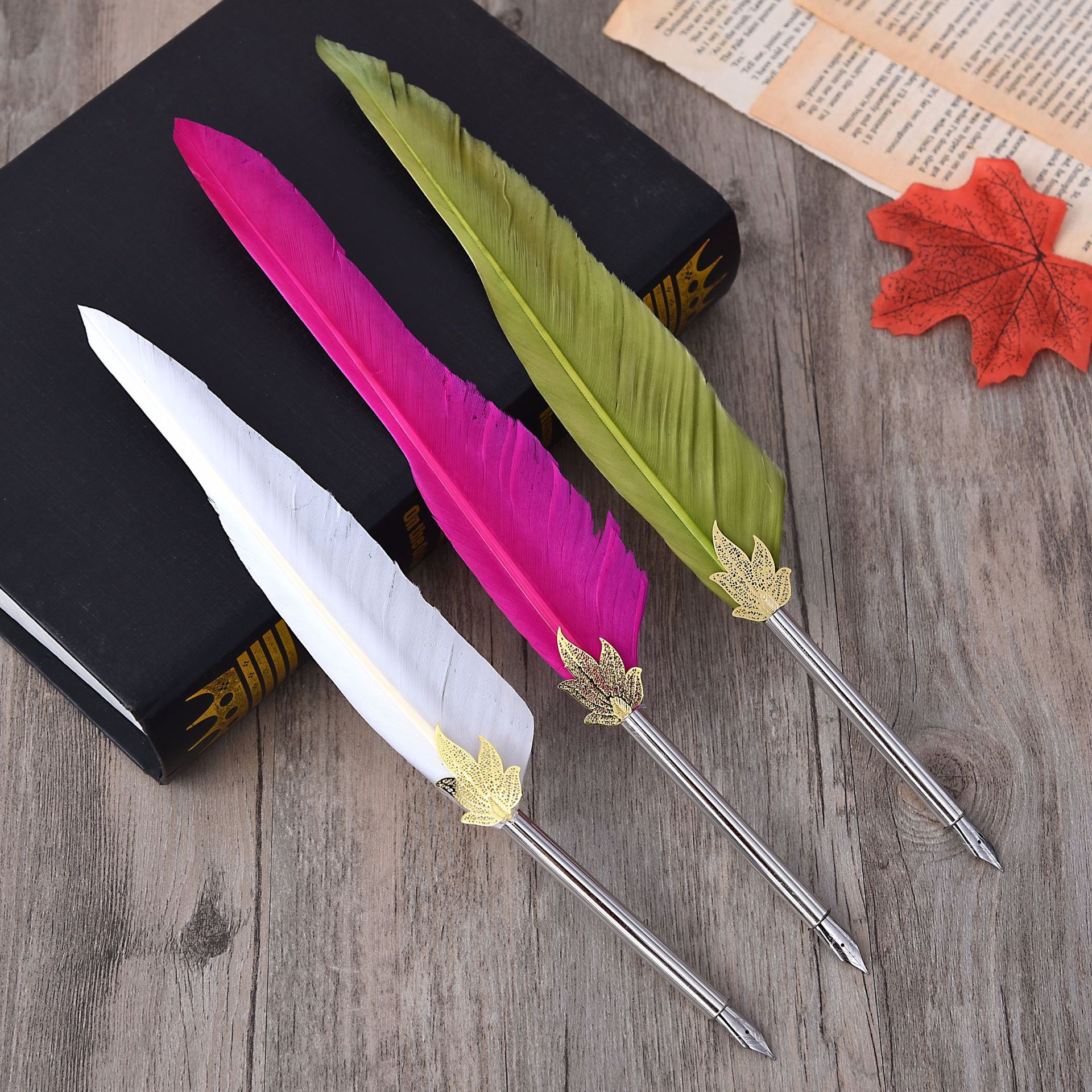 Popular Natural Feather Copper Sheet Pen European Business Writing Implement Birthday and Holiday Souvenir Christmas Gift