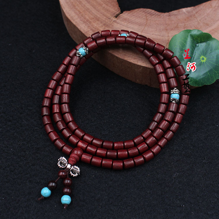 批发老挝红酸枝木质手串108颗桶珠隔珠佛珠饰品复古念珠手链