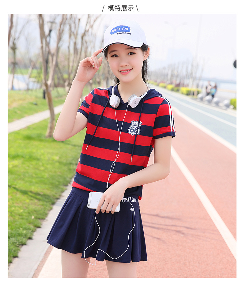 初中生夏装女2018短袖条纹休闲运动套装学生网球裙短裙时尚两件套
