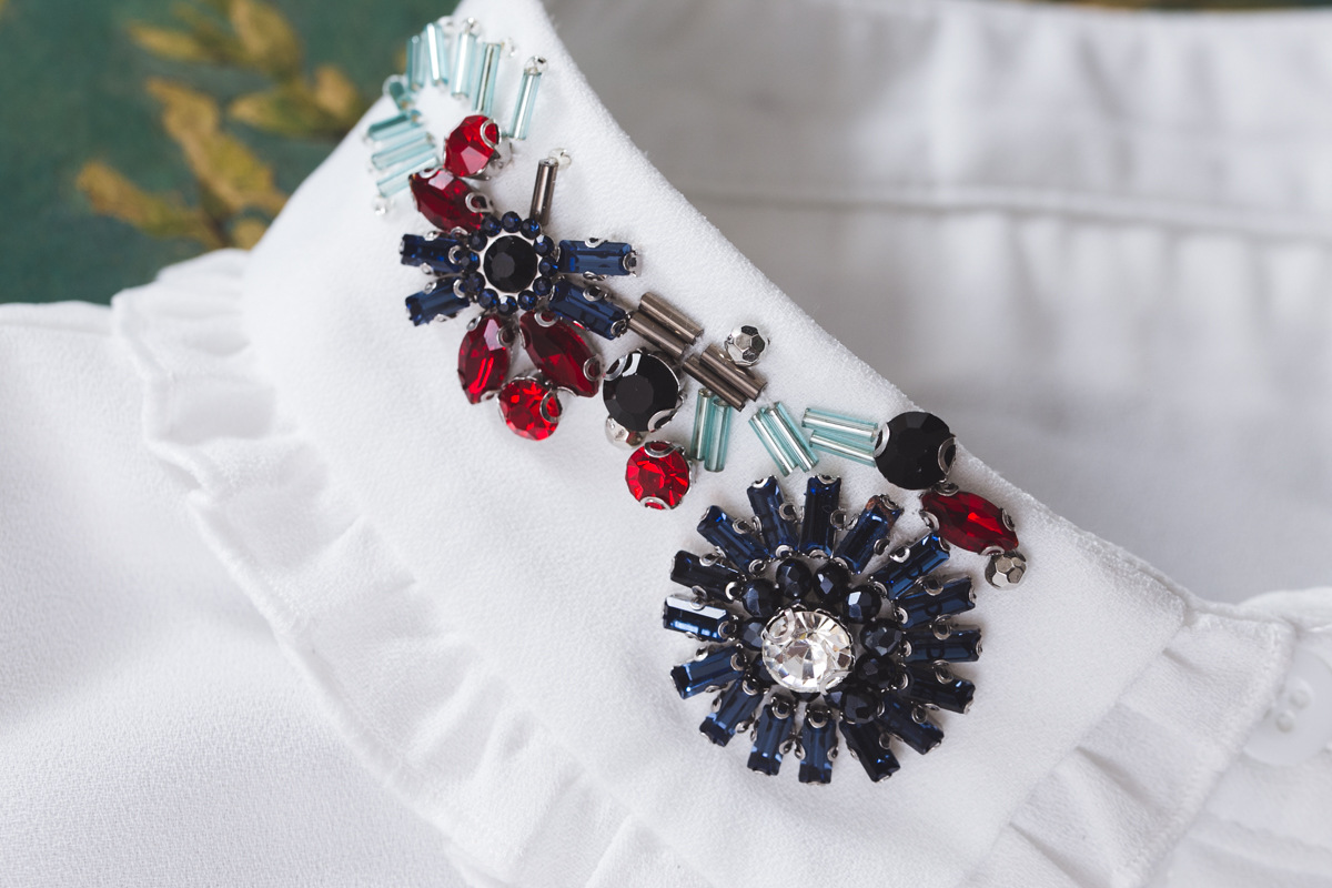 p2383重手工彩钻花钉珠尖领珍珠项链女衬衫假领子立领衬衫假衣领