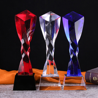 新款冠亚季军红蓝透明三色扭柱水晶奖杯定制纪念礼品奖品摆件刻字