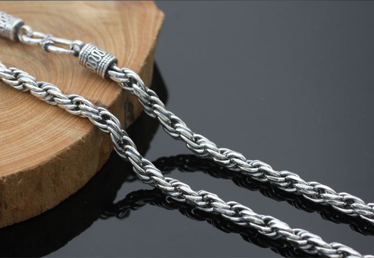 经典手工制做s925纯银男士项链 霸气麻绳银链麻花纹银礼物送男友