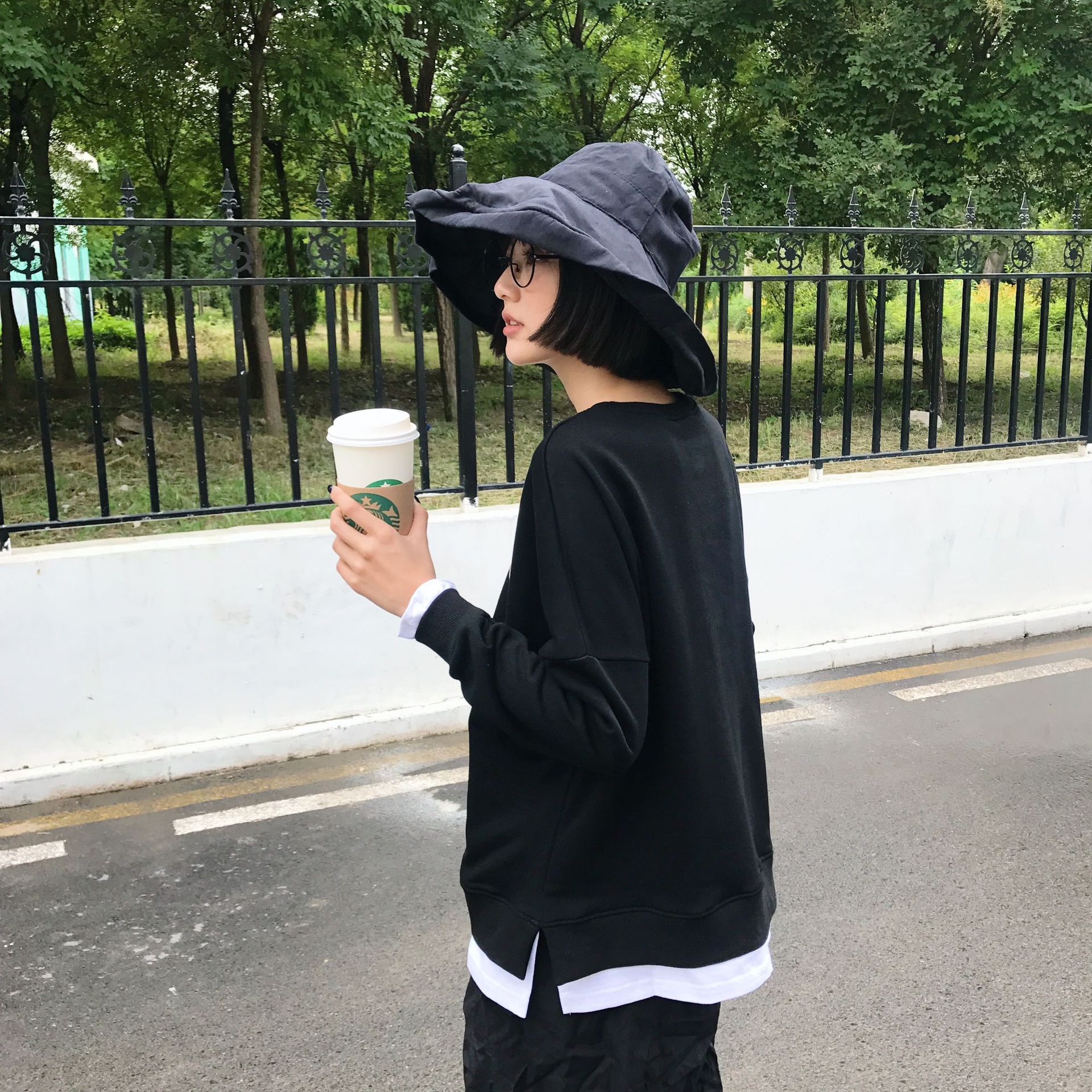 韩版新款女装拼接假两件长袖卫衣 2018秋冬时尚潮女头像印花上衣