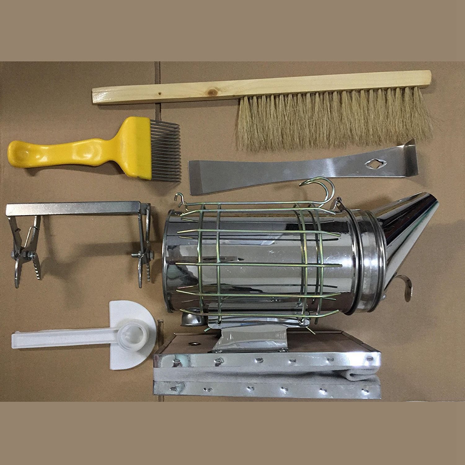 养蜂工具6件套喷烟器蜂刷针式割蜜刀鸭嘴喂水器巢框夹起刮刀套装
