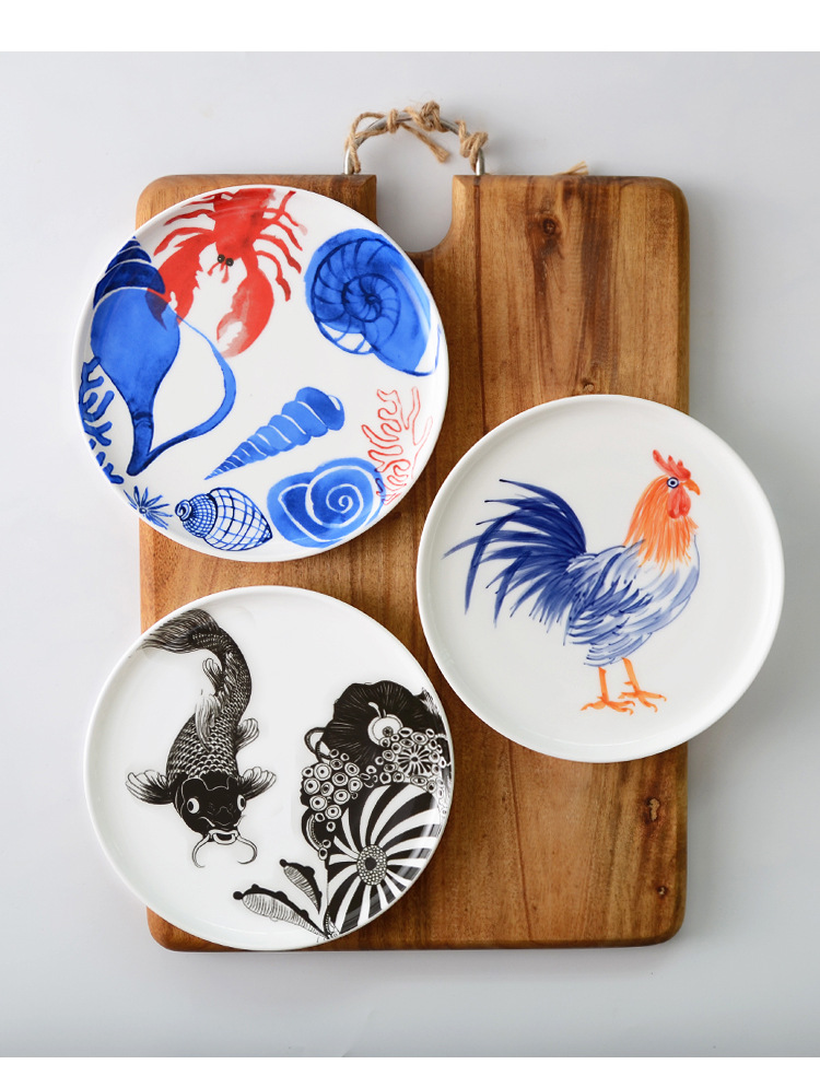 简约手绘卡通陶瓷圆盘寿司蛋糕盘挂盘北欧小清新意面盘家用平盘子