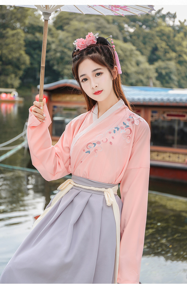 改良汉服女中国风少女学生日常齐腰交领襦裙清新淡雅传统绣花古装