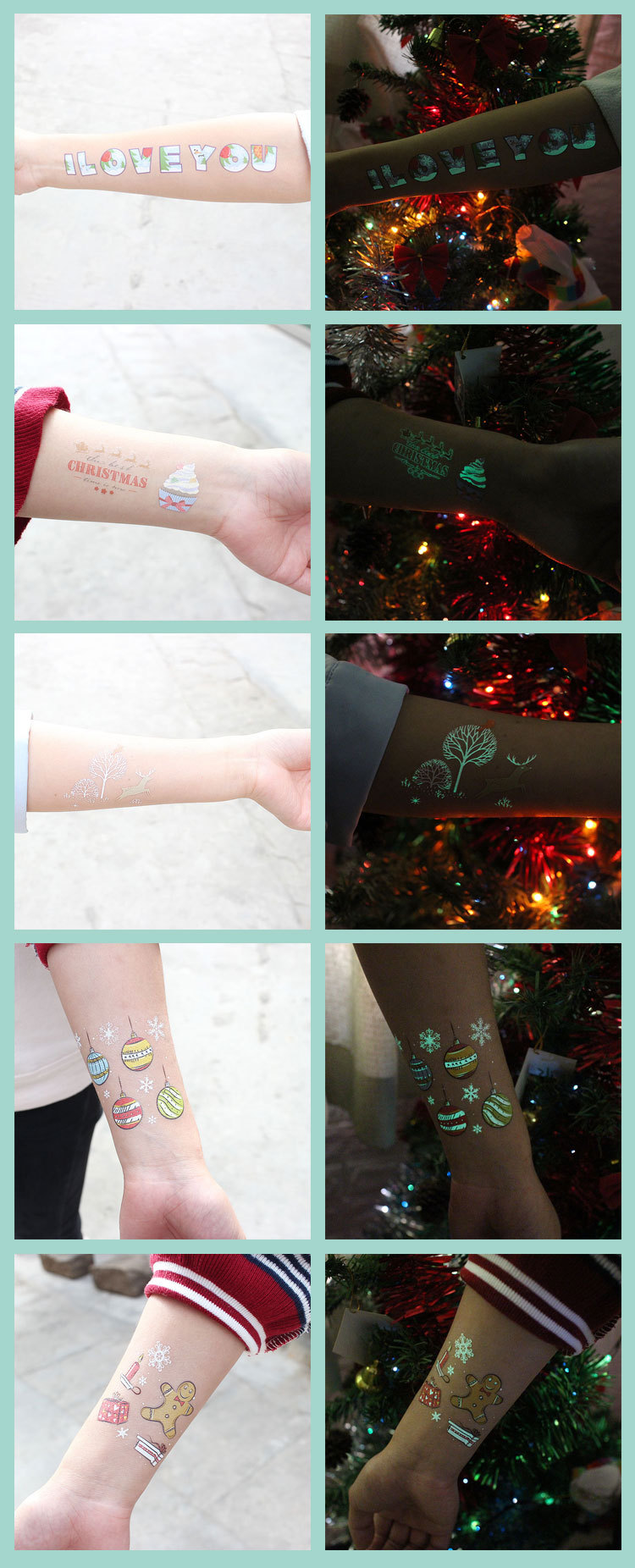 跨境企业fda环保防水夜光纹身贴 蓝底夜光圣诞节贴纸派对发光贴纸