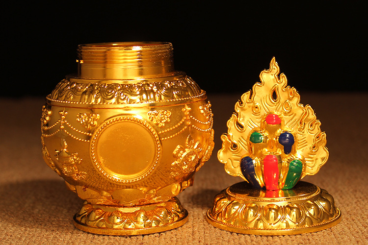 佛教如意宝瓶批发吉祥聚财龙王地藏王铜鎏金摩尼黄财神宝瓶摆件