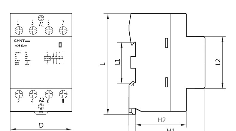 正泰家用交流接触器nch8-63/11 220v导轨式一常开一常闭2p 63a