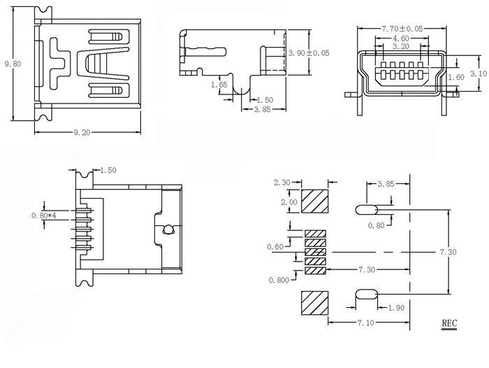 迷你usb插座前插后贴/贴片usb母座前插后贴5p/迷你usb插孔5pin