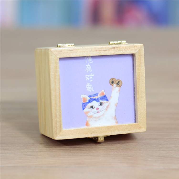 原木色木制网红猫发条音乐盒 创意生日礼物八音盒许愿学生礼品