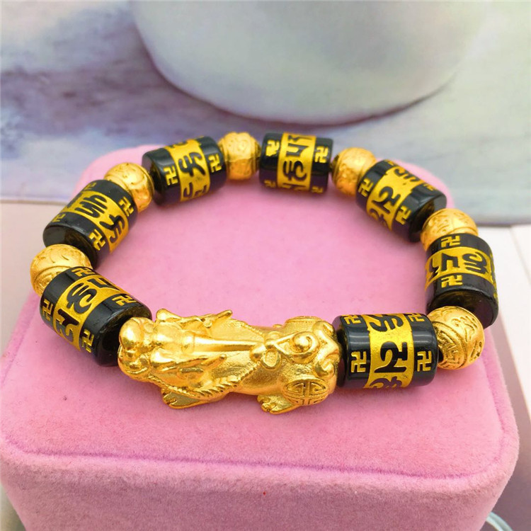 新款越南沙金时尚黄铜镀金 男士14毫米粗貔貅六字真言珠手链饰品
