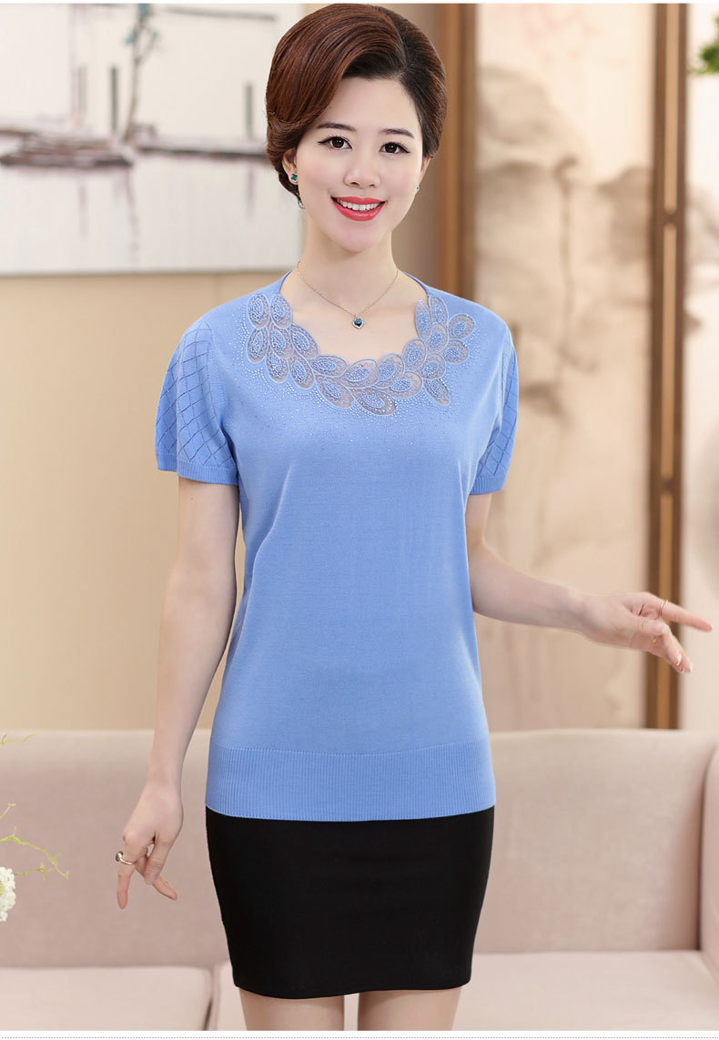 中老年女装夏装短袖t恤冰丝针织衫加肥加大码妈妈夏天上衣服半袖