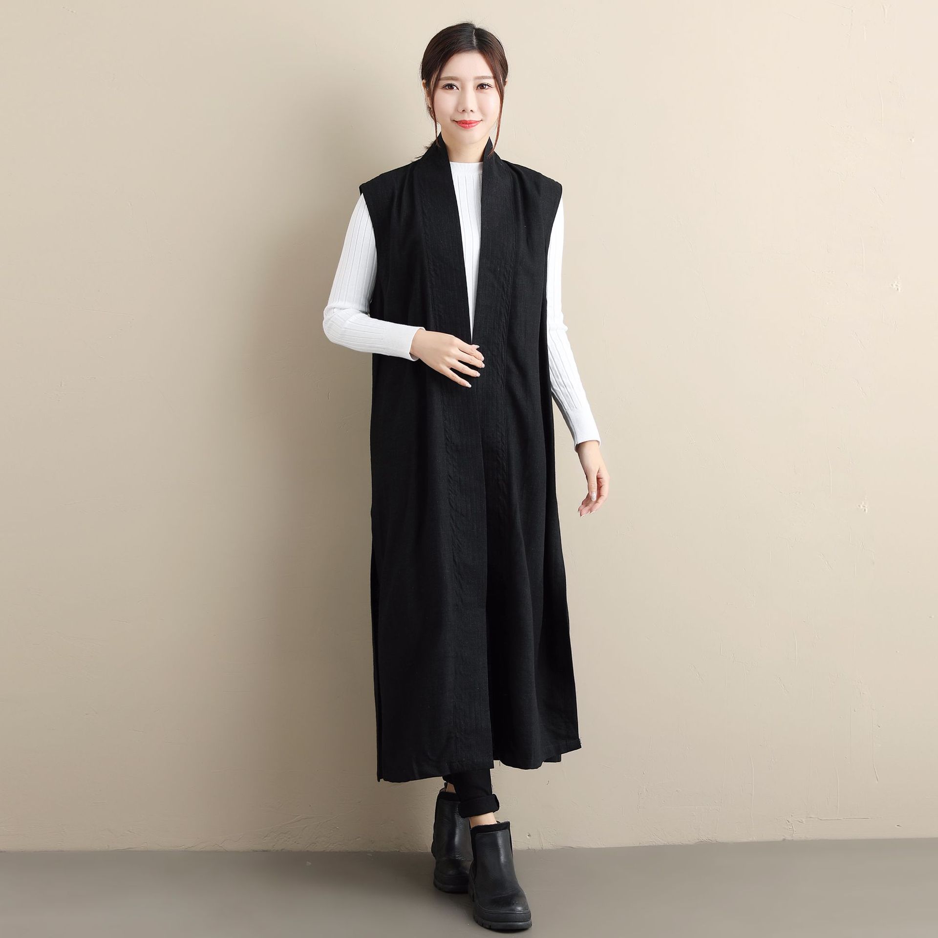 原创亚麻长马褂 女国风复古文艺风马甲纯色长款开衫马褂时尚潮人
