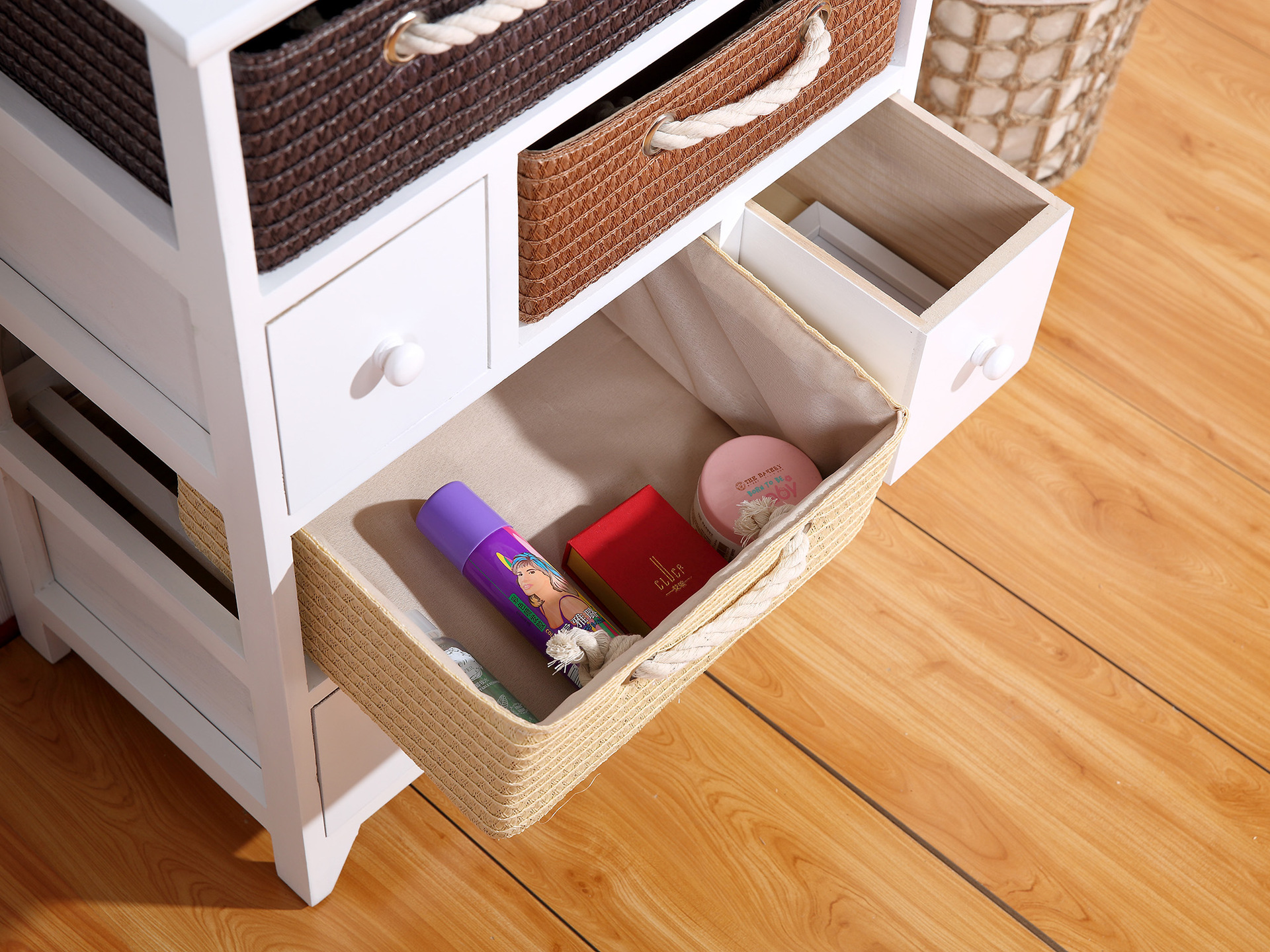 实木框架藤编收纳柜卧室杂物收纳柜 多层田园抽屉式杂物储物柜