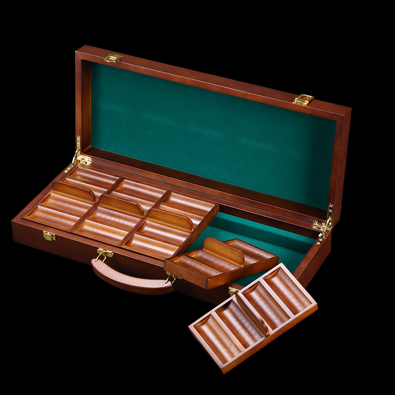 筹码盒实木箱含5个筹码托盘可装500片4cm筹码及扑克牌dealer位