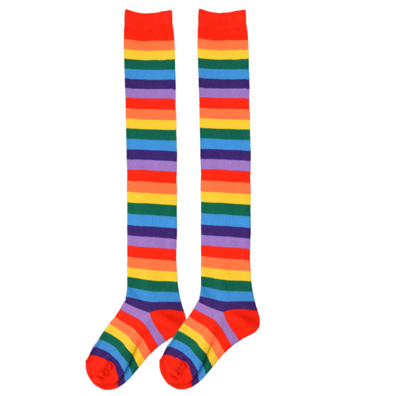 Red Colorful Socks Rainbow Stripes Knee High over-the-Knee Socks European and American plus Long