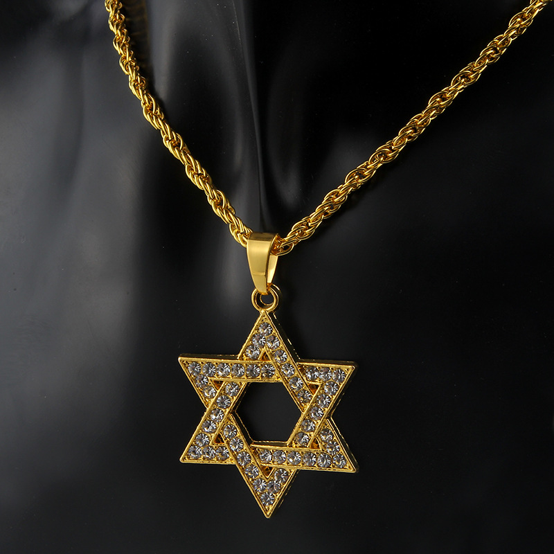 跨境专供 金色镶钻锆石所罗门占卜六芒星吊坠嘻哈项链 欧美新款