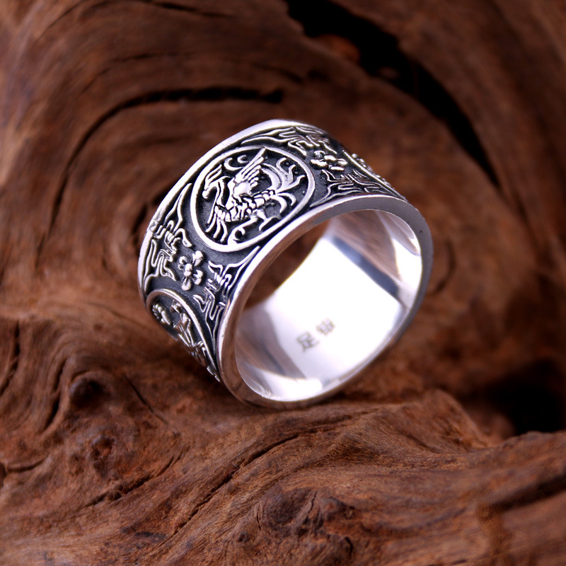 s999足银青龙白虎朱雀玄武霸气四大神兽男士戒指复古民族风潮男戒