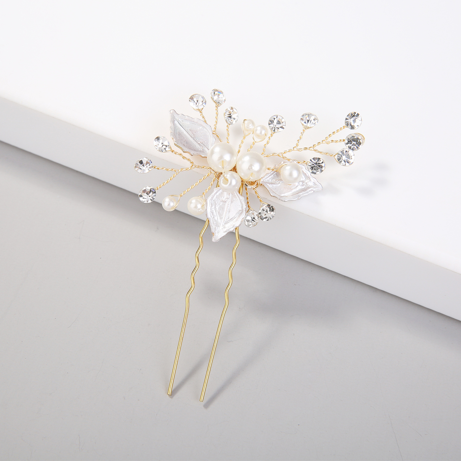 站跨境 合金白色叶子手工珍珠镶钻发簪发钗插针 新娘头饰