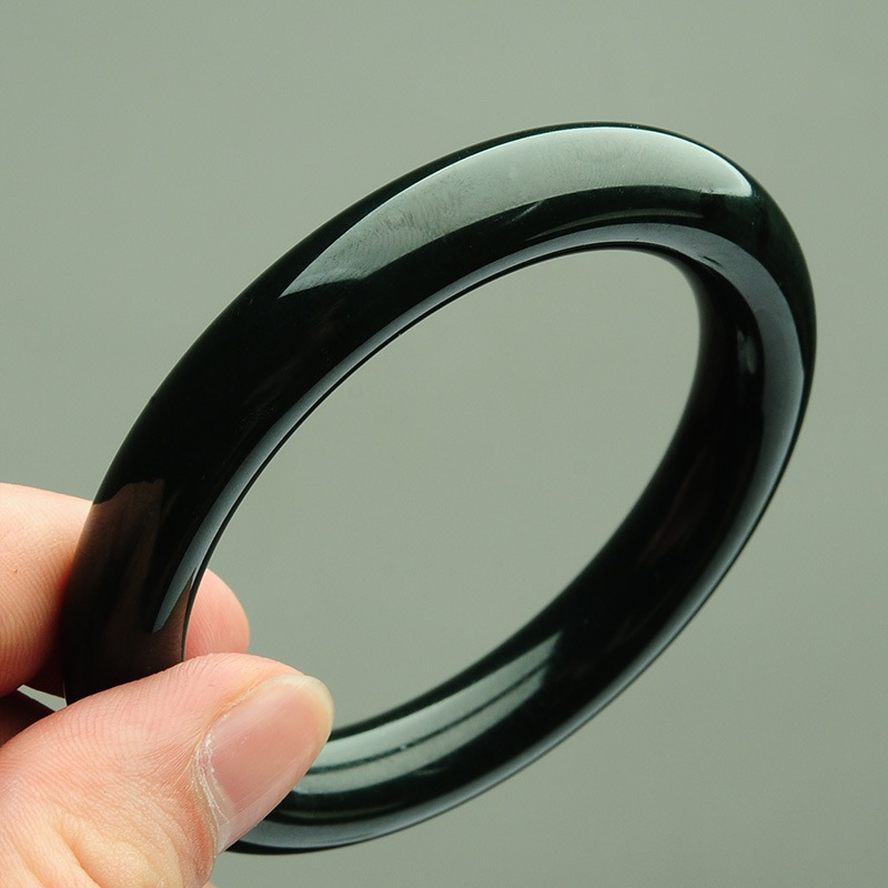 正品a货和田墨玉手镯 天然墨绿色新疆玉石女款圆条镯子保健