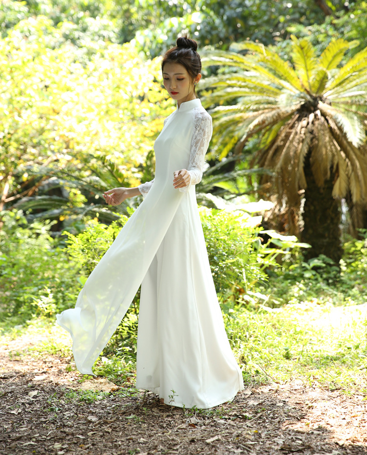 兰瑟薇原创女装修身中国风雪纺飘逸温柔仙女越南改良奥黛旗袍长裙