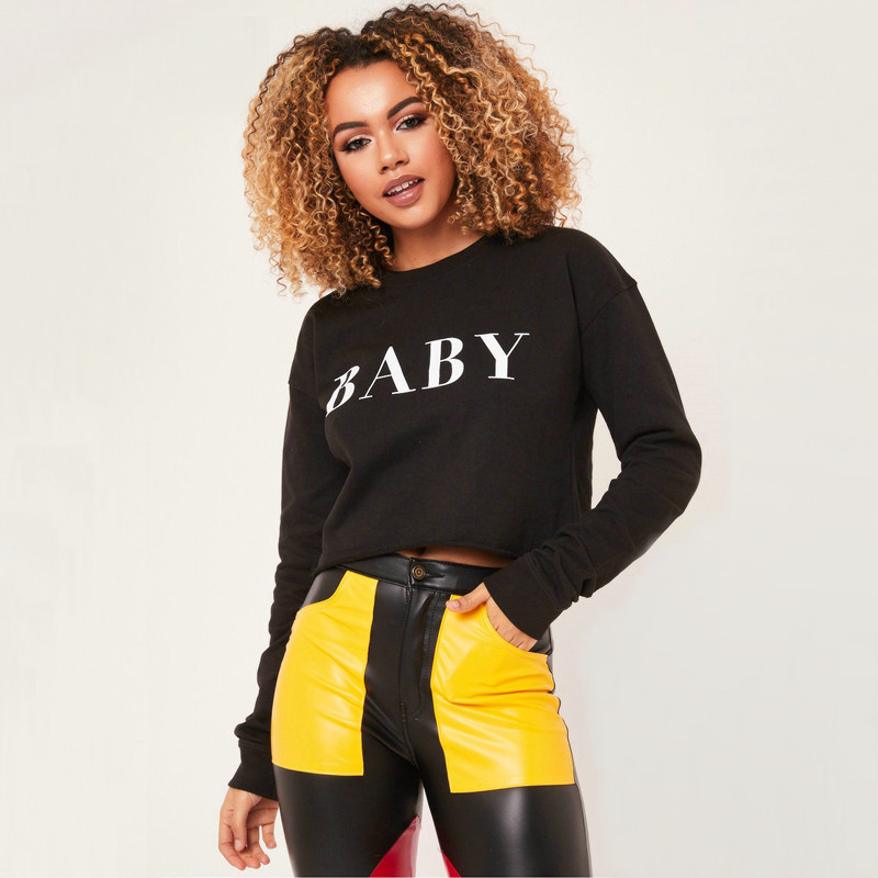 欧美女装卫衣秋季新款 ins网红baby字母印花圆领短款露脐长袖上衣