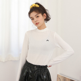 韩国ulzzang秋装新款刺绣小月牙打底衫女纯棉t恤简约上衣