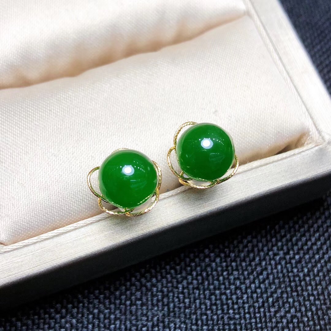 18k金镶嵌天然和田碧玉圆珠耳钉玉石耳钉百搭女款 女友礼物带证书