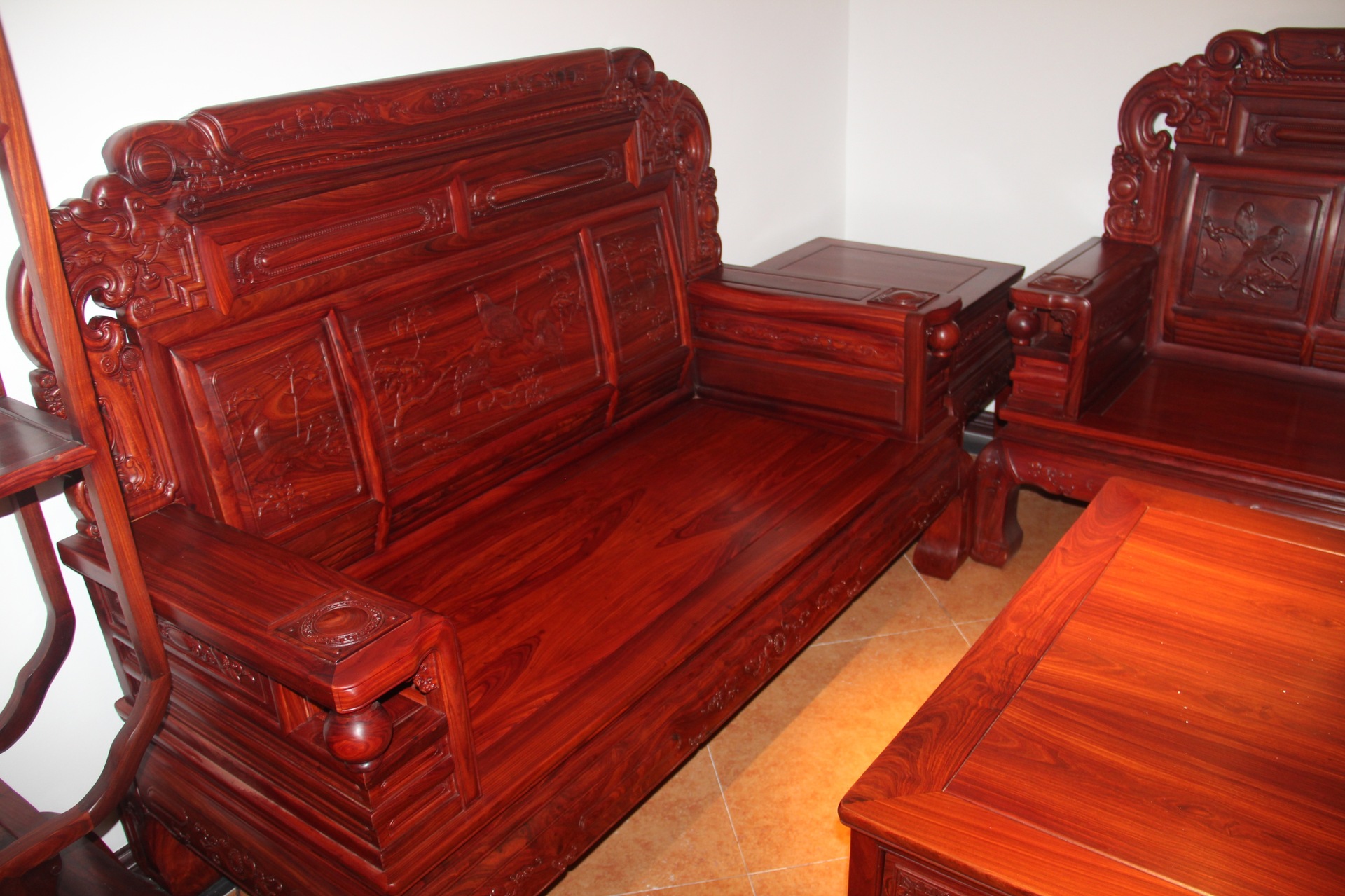 小叶红檀大号富贵财源沙发123:7件(花鸟款)