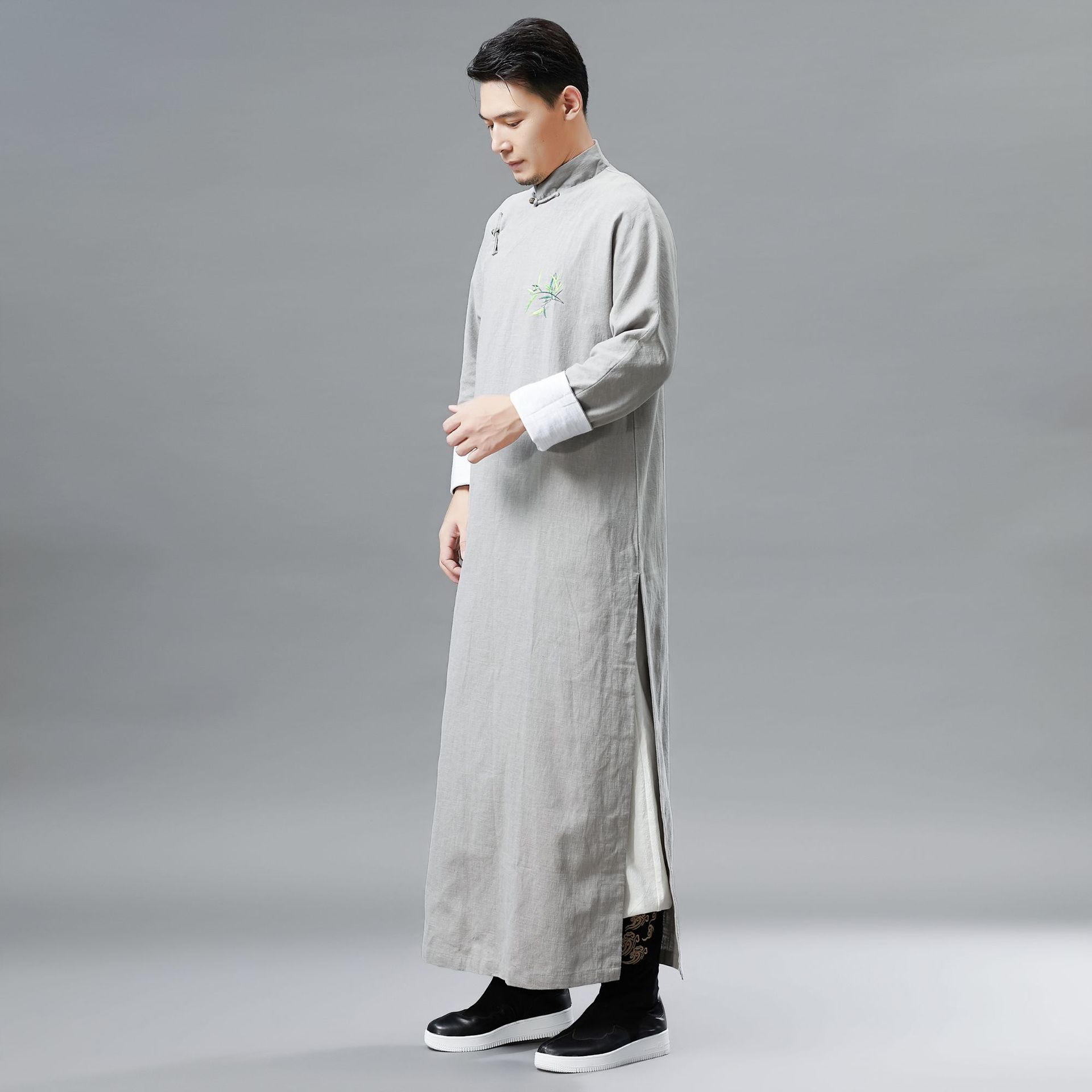 2119秋季新款 绣竹长衫男装中国民族风长款汉服绣花民族服装