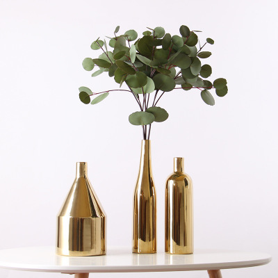 北欧ins金色电镀工艺品陶瓷花瓶样板房家居装饰品摆件三件套