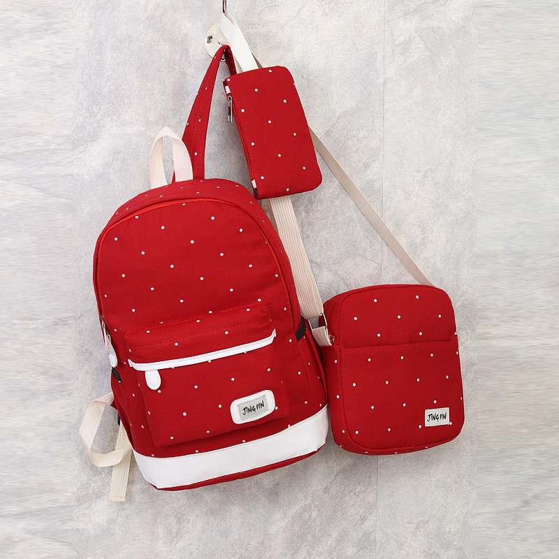 Canvas Casual Backpack Three-Piece Women's Bag Small Fresh Large Capacity Student School bag Polka Dot Backpack