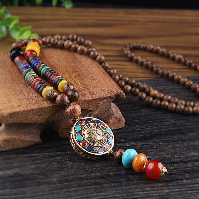 All-Match Ethnic Sweater Chain Long Retro Necklace Female Nepal Pendant Wooden Bead Pendant Scenic Spot Accessories Factory