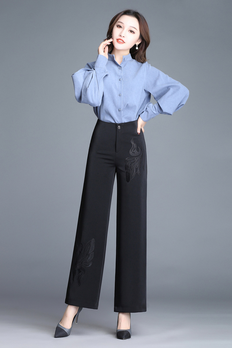 罗彩秋冬新款复古高腰ol通勤女裤绣花大码加厚长裤阔腿裤纯色女式