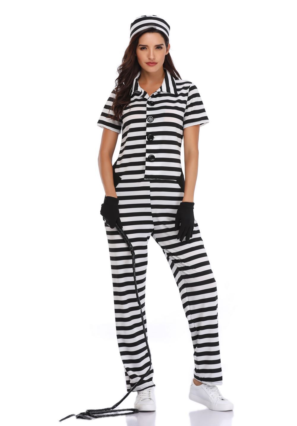 万圣节cosplay黑白条纹连体裤女囚犯服装 出口日本游戏制服派对装