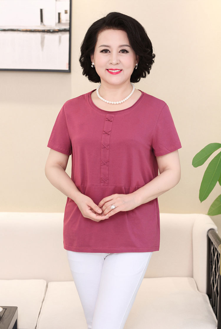 夏季新款妈妈装短袖t恤时尚纯色大码半袖中老年女装宽松上衣女