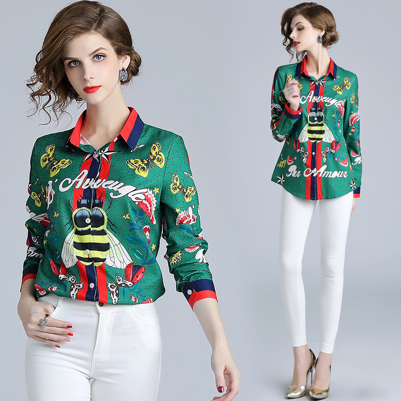 跨境春秋女装新款时尚印花翻领长袖衬衫百搭修身显瘦上衣小褂潮款