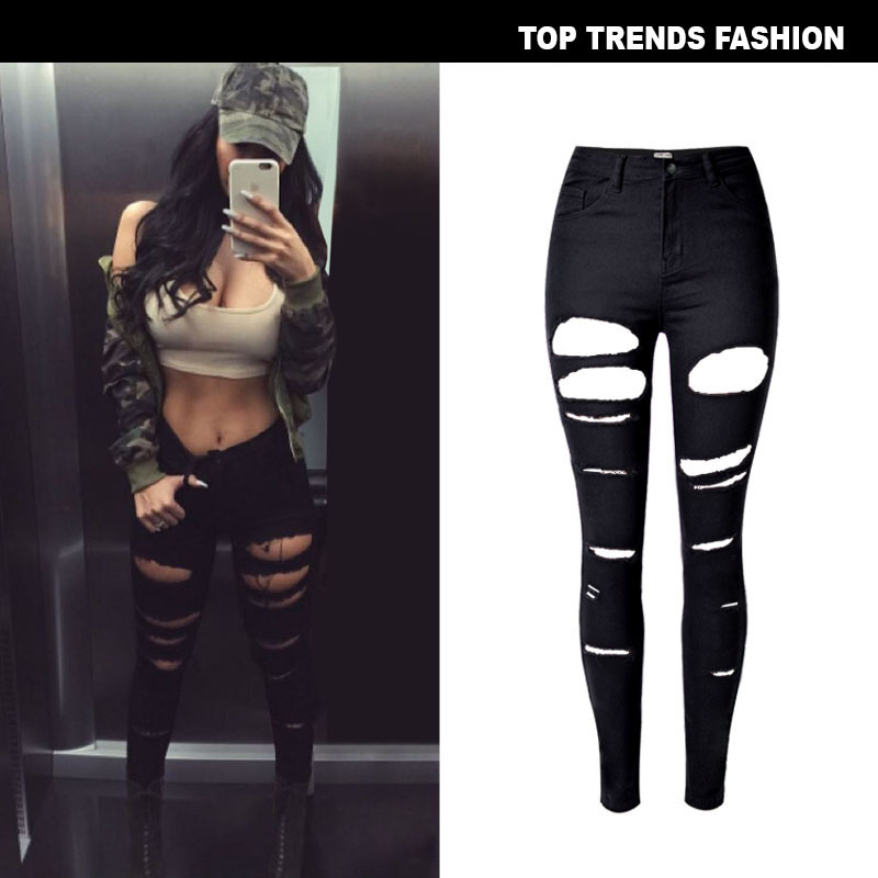 European and American Women's Clothing Special High Waist Slim Fit Stretch Slimming Irregular Ripped Pocket Large Sizes Availiable Denim Trousers