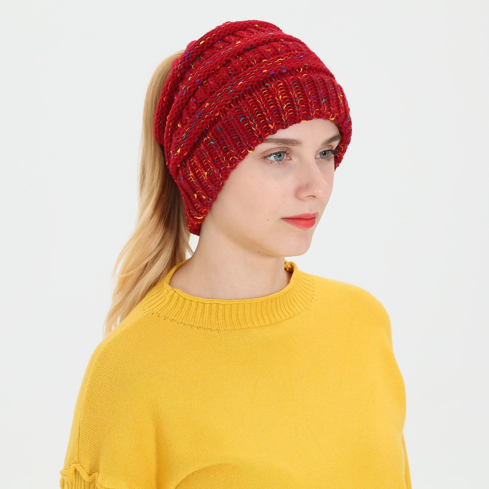 2018新款秋冬季女士新款毛线线帽针织帽秋冬时尚流行女士马尾帽子