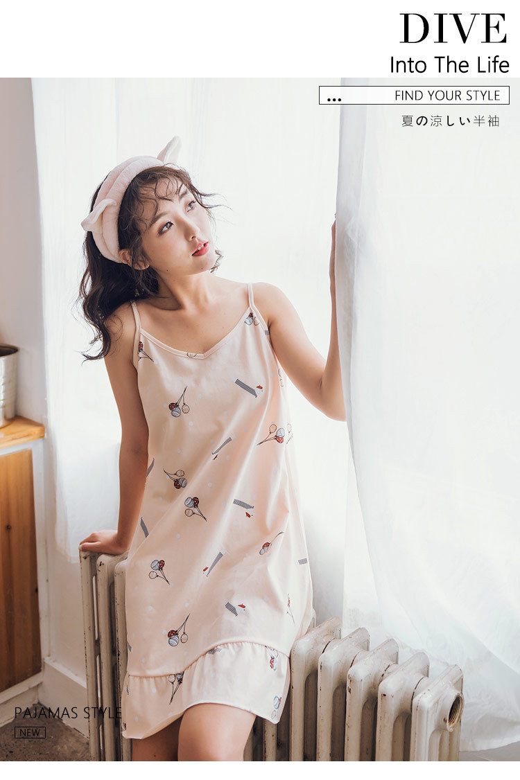 亦绚夏季新款女士针织棉性感吊带荷叶边睡衣可爱少女家居服睡裙