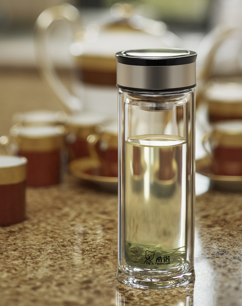 新品希诺双层玻璃杯男士水杯时尚办公水晶泡茶礼盒泡茶杯子6900