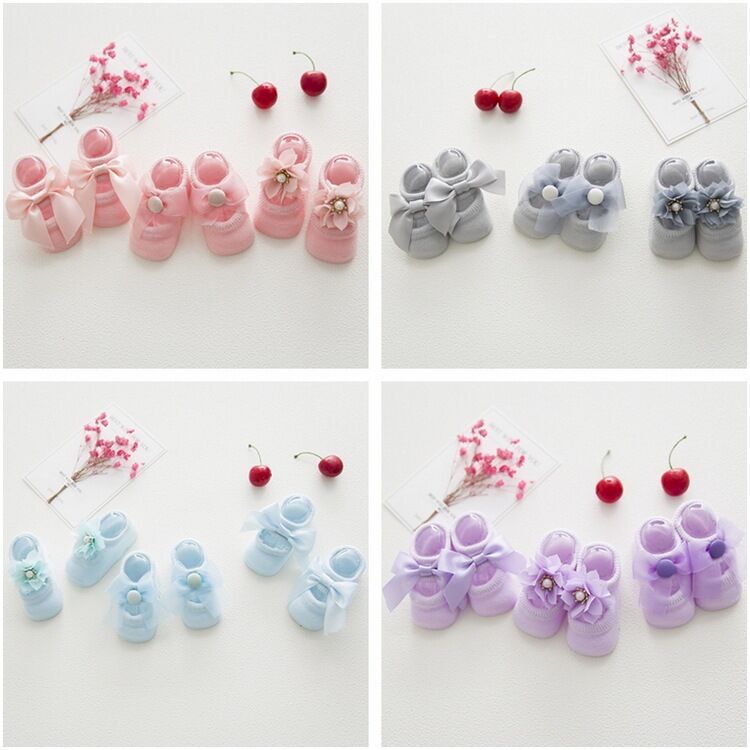 [3 pairs of lace bowknot] korean style thin cotton hollow hole boat socks infant， baby， infant floor socks