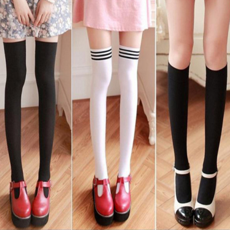 天鹅绒长筒袜 条纹中长筒袜学生过膝袜 女春秋款半截大腿袜 批发